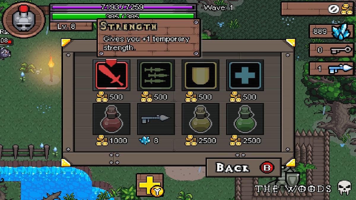 Hero Siege (Windows) screenshot: This is the in-game shop screen (not related to the one available in main menu). This can be opened at any time to spend gold on temporary status improvements.