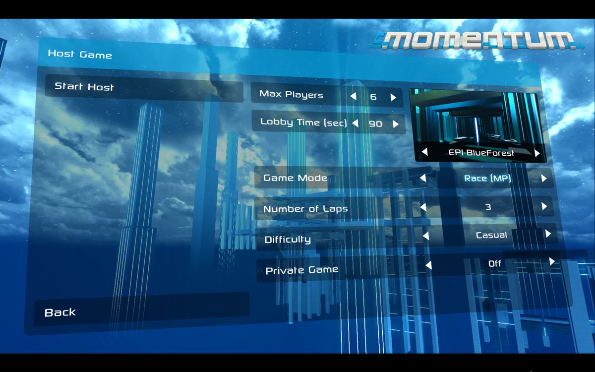 inMomentum (Windows) screenshot: Setting up a multiplayer game.