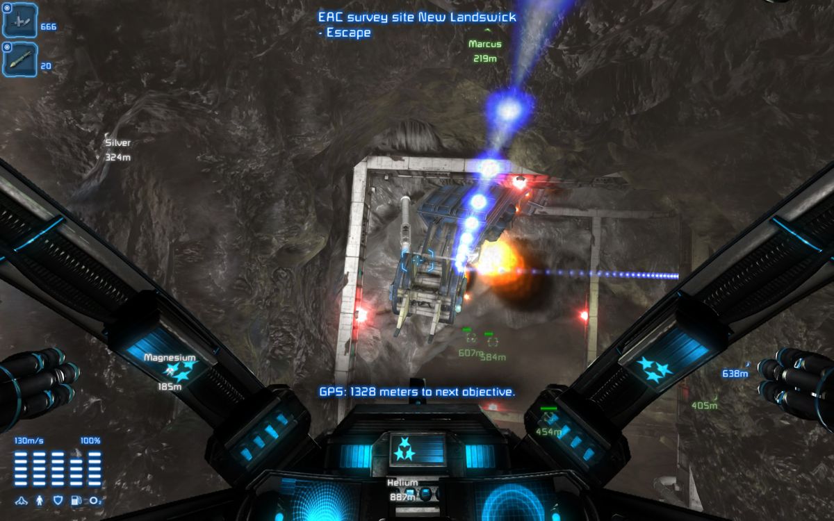 Miner Wars 2081 (Windows) screenshot: A blue beam can be activated to guide you towards the next objective.