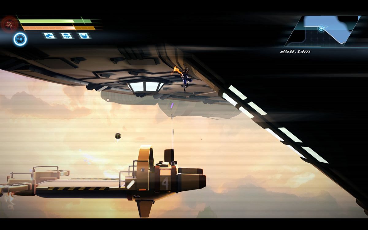 Strider (Windows) screenshot: Assault against Meio's flying fortress, the Balrog.