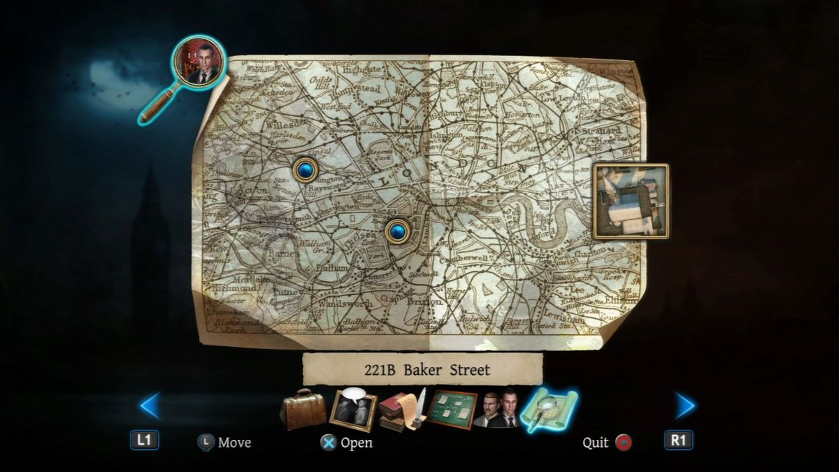 The Testament of Sherlock Holmes (PlayStation 3) screenshot: Map of London with marked locations you can travel to.
