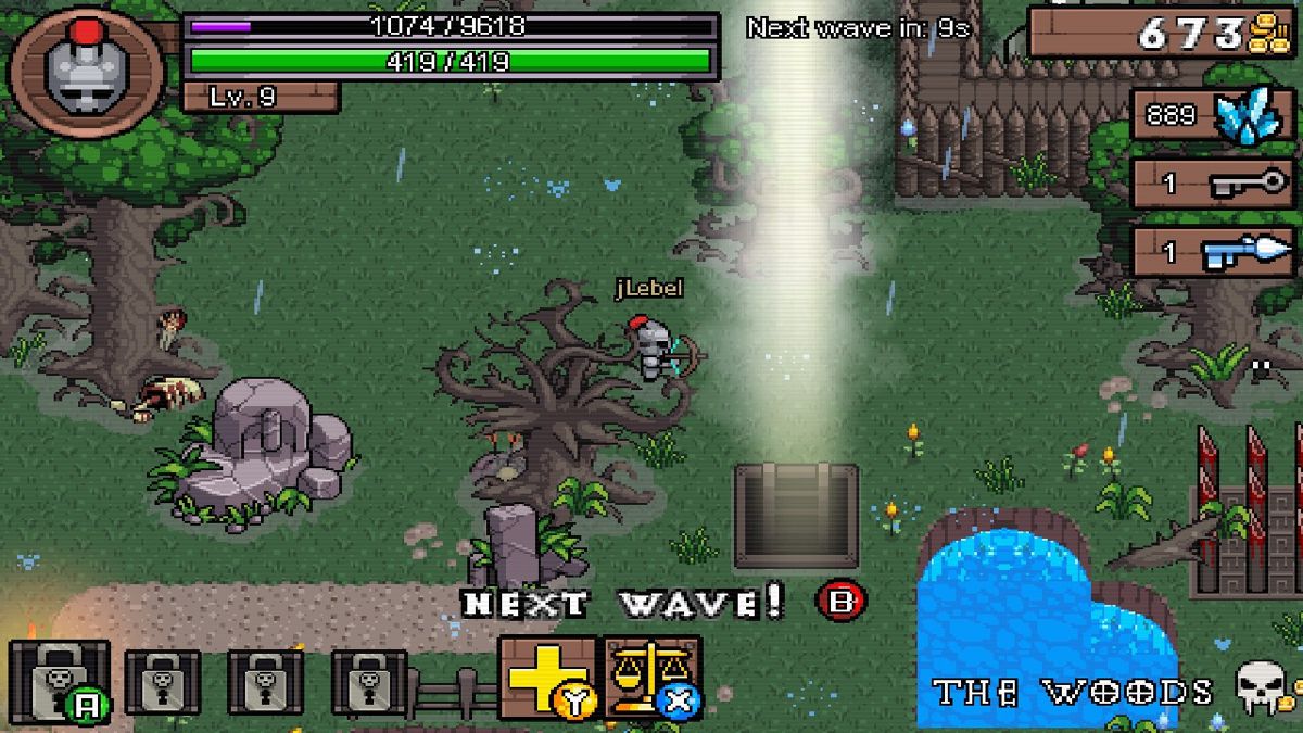 Hero Siege (Windows) screenshot: A dungeon can open at any time during play; these are completely optional and usually quite small. Notice the counter on the top showing 9 seconds left until the next wave.