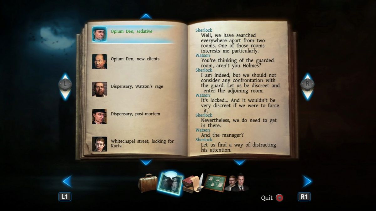The Testament of Sherlock Holmes (PlayStation 3) screenshot: Conversation history logbook.