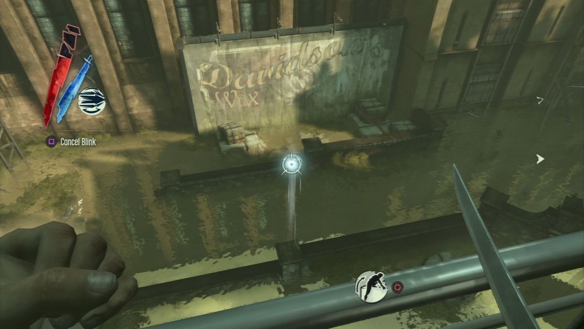 Dishonored (PlayStation 3) screenshot: Jumping down might kill you, but using blink to teleport closer to the surface just might work.