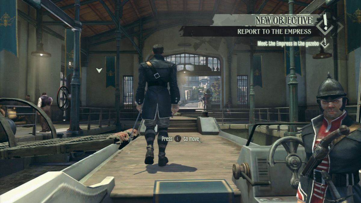 Dishonored (PlayStation 3) screenshot: Leaving the boat on the way to your first objective.