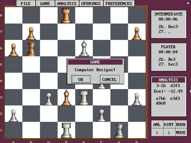 Grandmaster Chess (DOS) screenshot: Computer resigns.