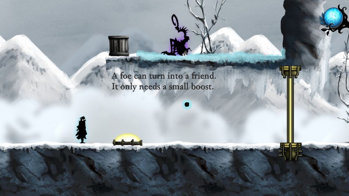 Nihilumbra (Windows) screenshot: Here using the blue color will create ice causing the monster to slide into the box and bump it off the cliff.