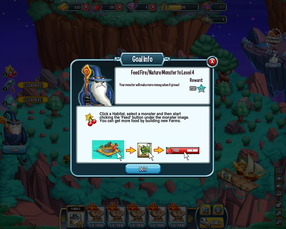 Monster Legends (Browser) screenshot: Goals - Rewards upon completion, however often the player is forced to follow instructions.
