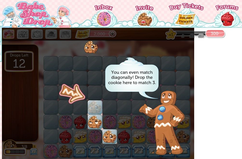 Bake Shop Drop (Browser) screenshot: Tutorial - Introducing their version of a falling block puzzle.