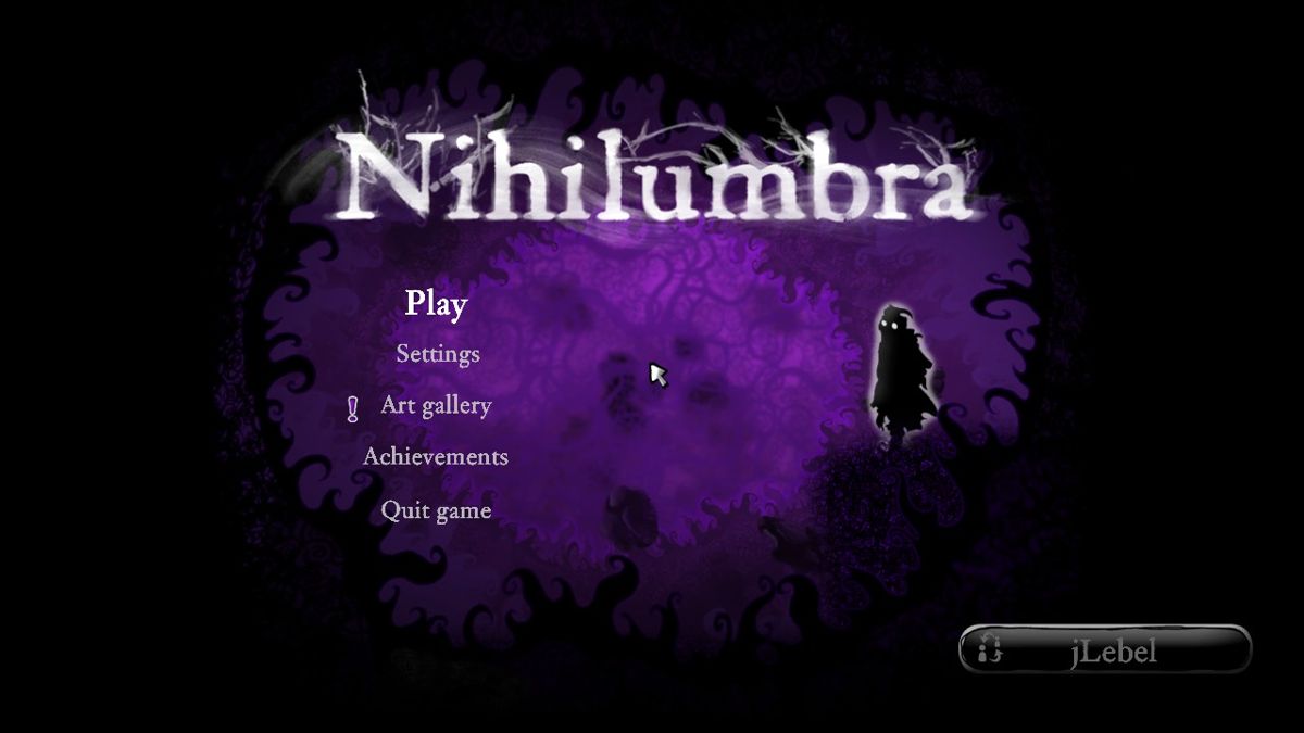 Nihilumbra (Windows) screenshot: Title screen and main menu. The exclamation mark shows new content in the Art Gallery feature. The bottom right corner is the user profile button.