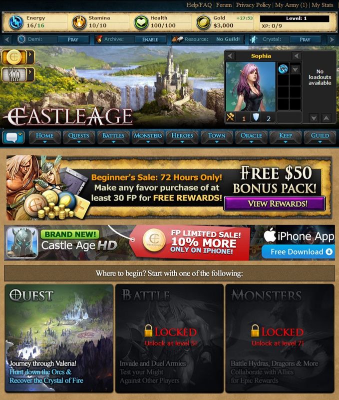 Castle Age (Browser) screenshot: Game start - I think. No idea what to do here.