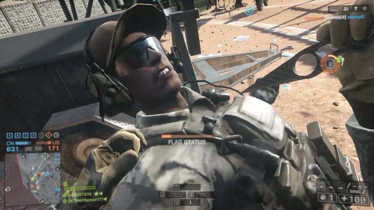 Battlefield 4: China Rising (Windows) screenshot: Attacking (E) map point I sneak up on a engineer and knife him for his dogtags with my carbon fiber knife!