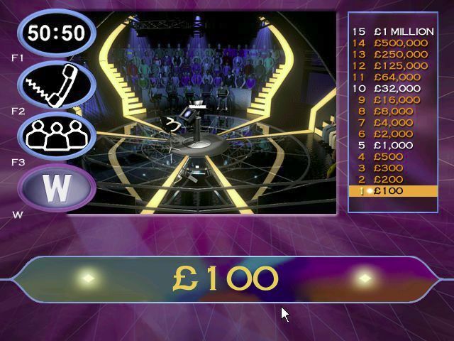 Who Wants to Be a Millionaire: 2nd Edition (Windows) screenshot: Up to £1000 the player answers a question and, if correct they are shown their prize money. After £1000 this changes slightly