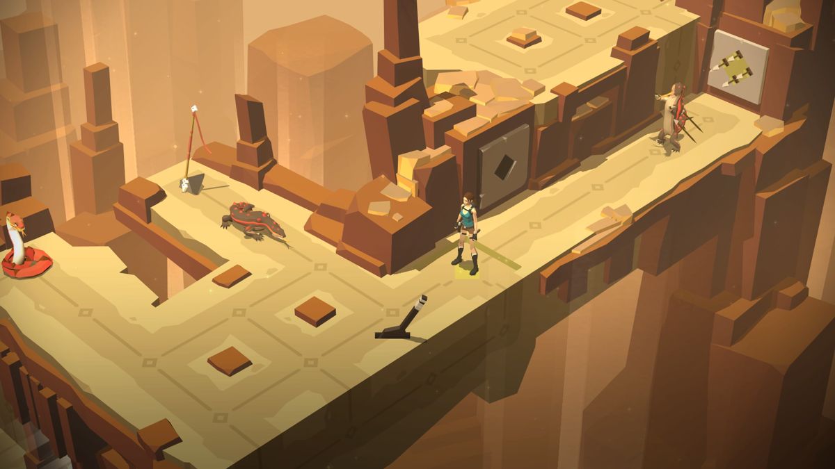 Lara Croft GO (PlayStation 4) screenshot: Activating the arrows trap to take out the chasing lizard