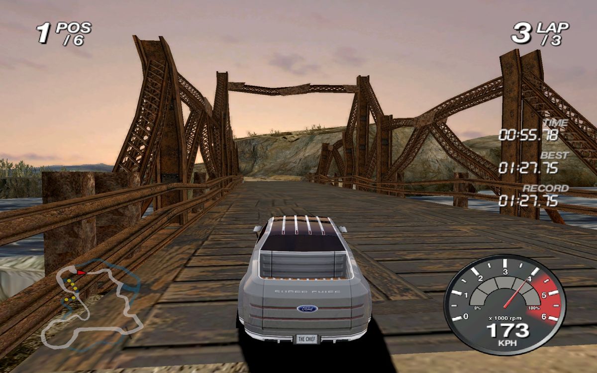 Ford Racing Off Road (Windows) screenshot: Poor sound effects, poor collision detection... The game is like this bridge - it holds, but barely.