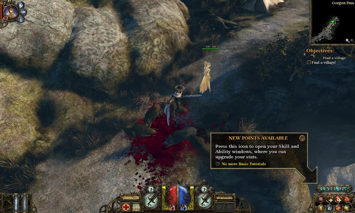 The Incredible Adventures of Van Helsing (Windows) screenshot: The UI also provides visual clues when level up points are available. The pop up window shown is a basic tutorial tip.