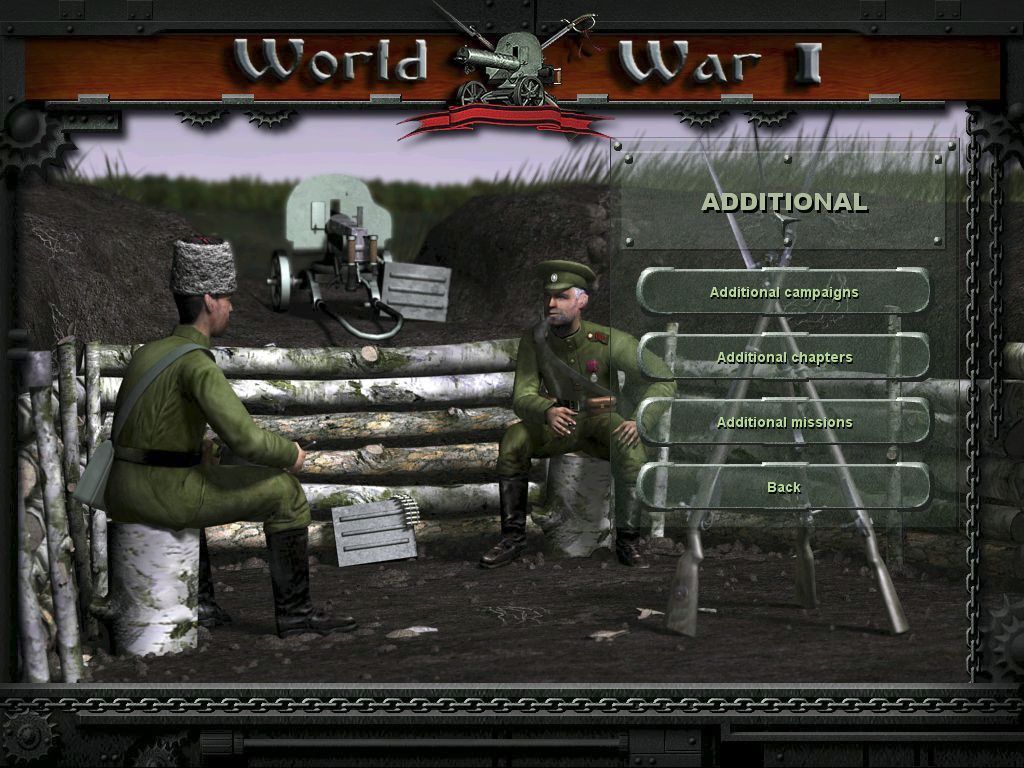 World War I (Windows) screenshot: UK release. All menus are displayed over an animated background of two soldiers talking. This shows the menu that accesses additional scenarios, presumably for fan-made missions or expansion packs