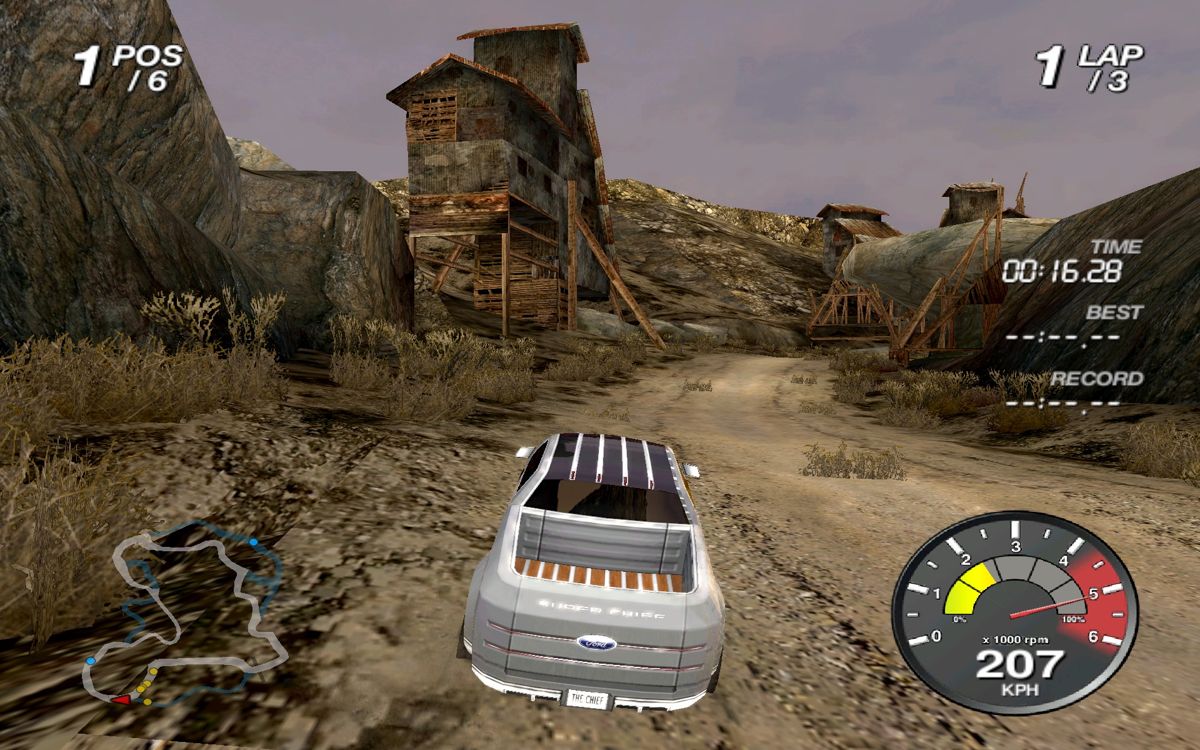 Ford Racing Off Road (Windows) screenshot: Passing an old derelict mine.