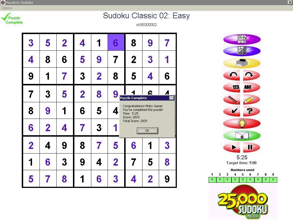 25,000 Sudoku Puzzles (Windows) screenshot: A completed game. This shows the end of game score the player has achieved.