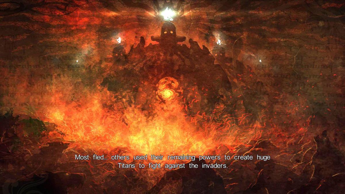Castlevania: Lords of Shadow - Ultimate Edition (Windows) screenshot: Beautiful 2D cutscene telling some backstory. This artwork is a bit reminiscent of Kaze no Tani no Nausicäa...