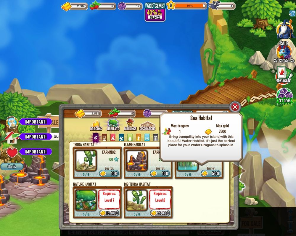 Dragon City (Browser) screenshot: Build, Habitat - Habitats allow different environments for dragons with different types of elements.