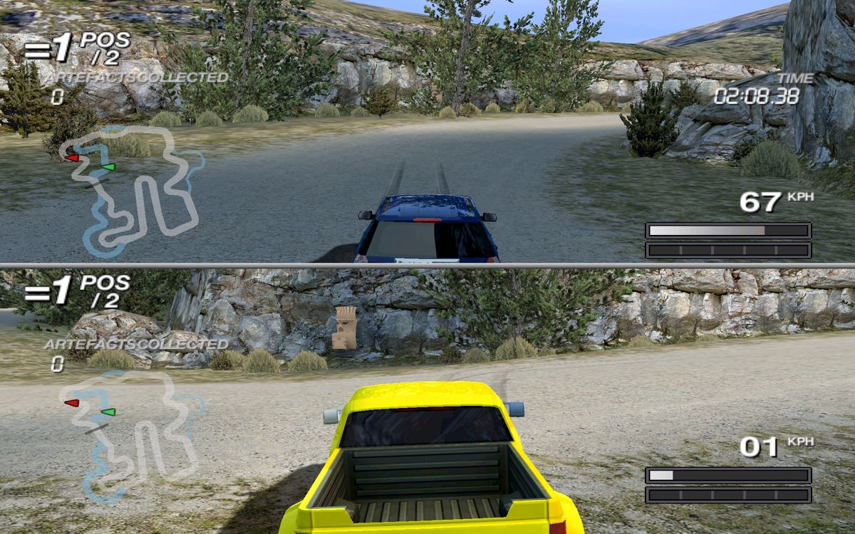 Ford Racing Off Road (Windows) screenshot: Hunting artifacts in Split screen mode.
