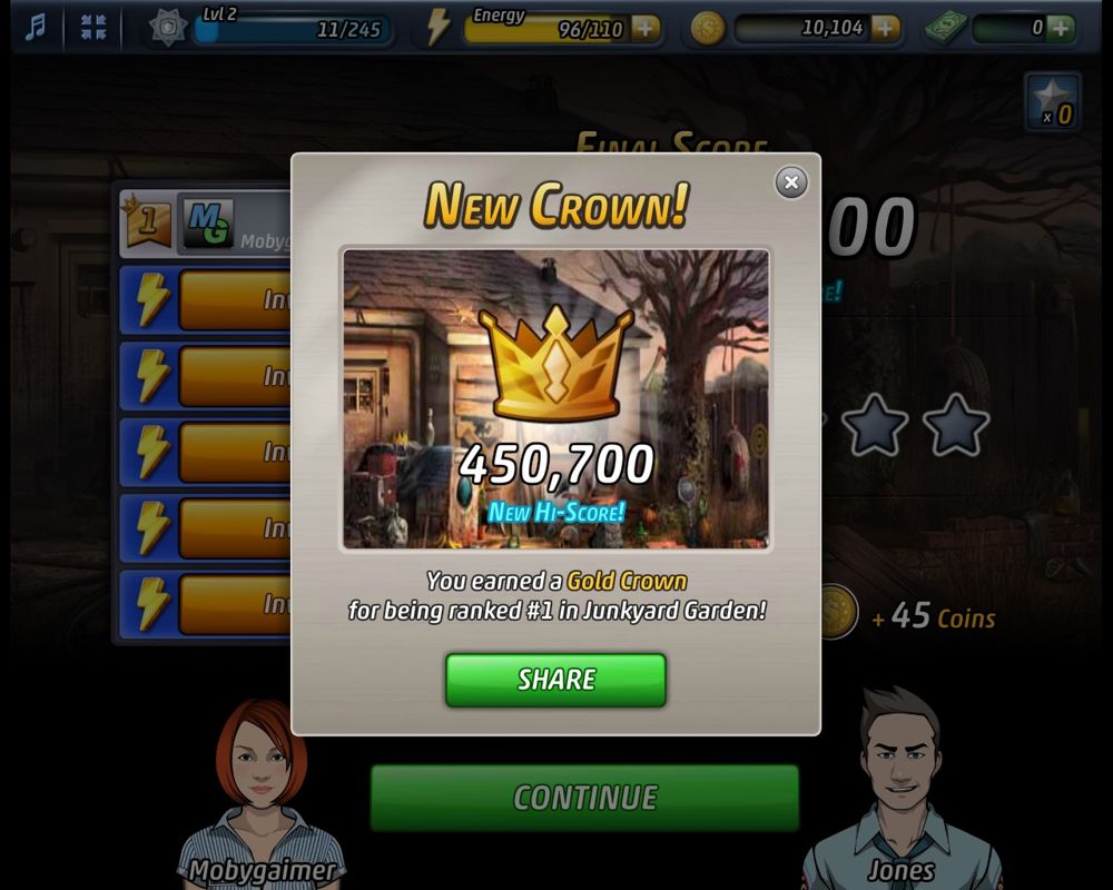 Criminal Case (Browser) screenshot: Reward - Now it's a gold crown. Should go well with the bronze medal. Now I need something silver.