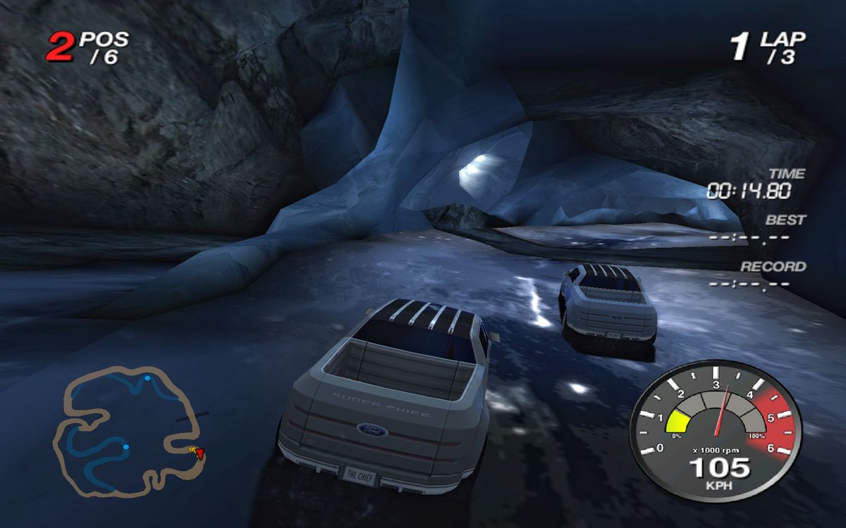 Ford Racing Off Road (Windows) screenshot: Ford Super Chief Concept Trucks, with aggressively roaring V-10 engines.
