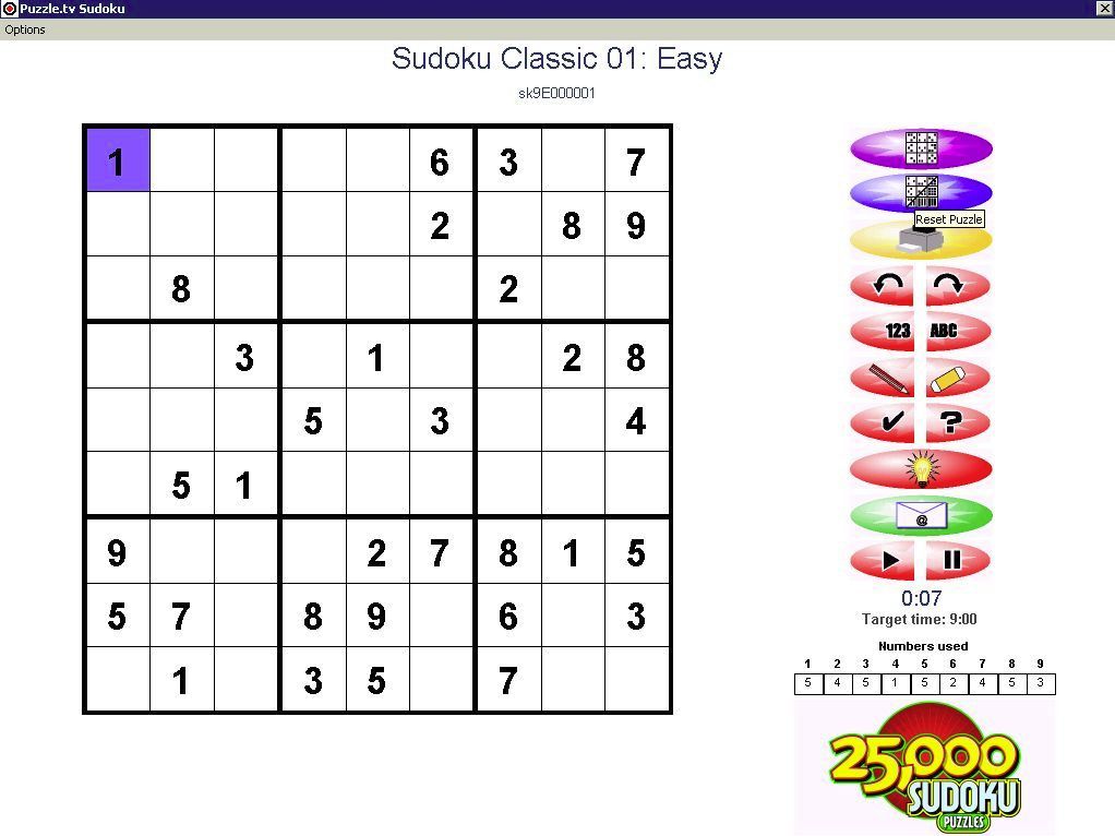 25,000 Sudoku Puzzles (Windows) screenshot: The start of the first game. Note the game's serial number at the top of the screen, this allows the player to replay the game later on
