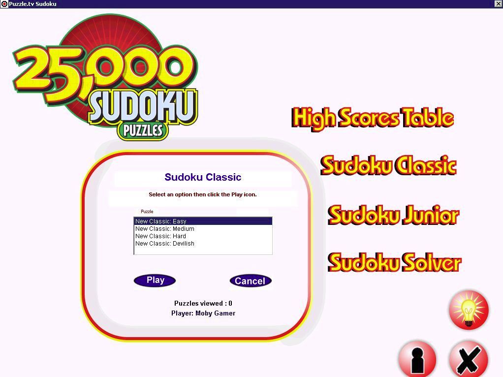 25,000 Sudoku Puzzles (Windows) screenshot: The Sudoku Classic difficulty levels
