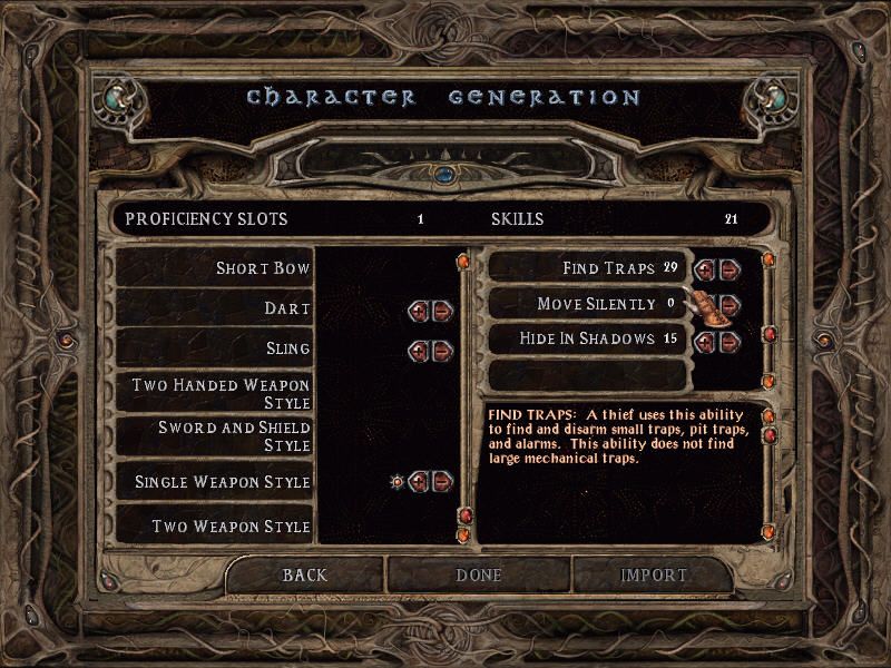 Baldur's Gate II: Shadows of Amn (Windows) screenshot: Character creation. Trying to create a Monk here; going through weapon proficiencies and special abilities
