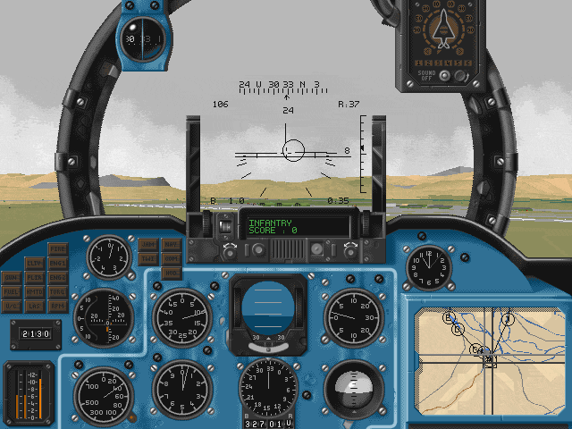 Hind (DOS) screenshot: Cockpit view on a cloudy day