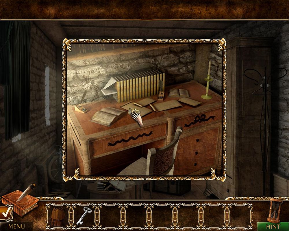 Where Angels Cry (Windows) screenshot: Some areas may be viewed for closer inspection, indicated by a magnifying glass. The cursor will change into a hand, signifying that the item can be taken.