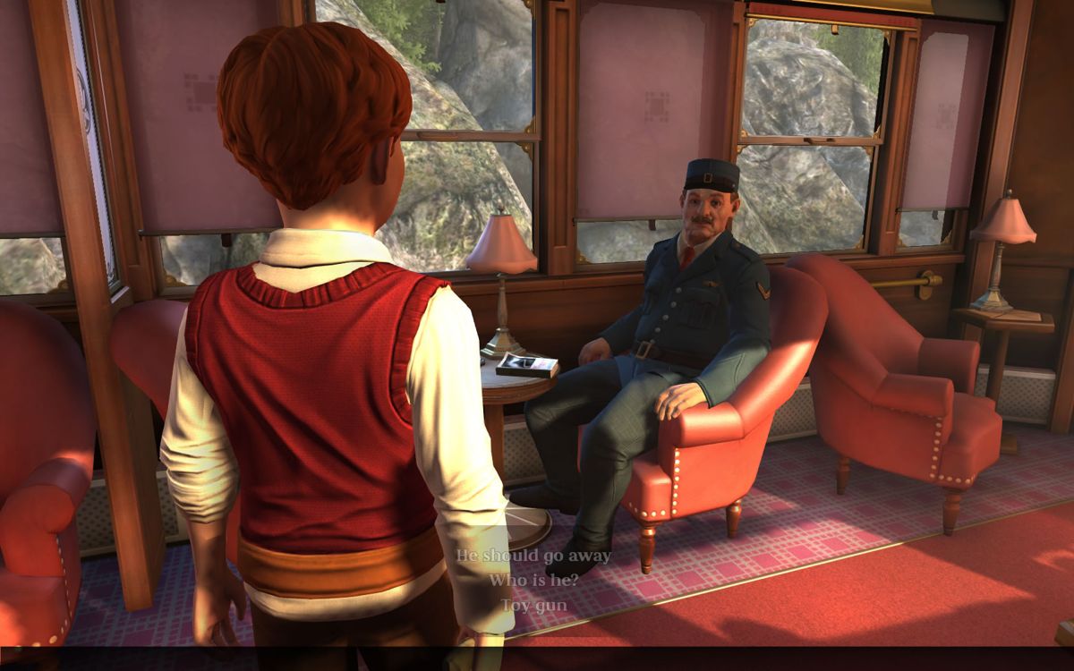 The Raven: Legacy of a Master Thief (Windows) screenshot: The characters on the train are introduced. The constable in the back is the protagonist.