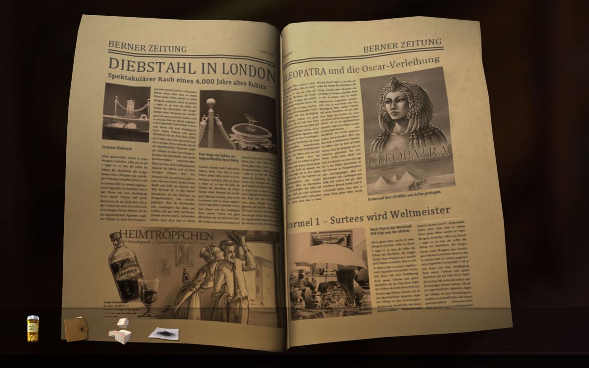 The Raven: Legacy of a Master Thief (Windows) screenshot: Reading articles in the newspaper. The bottom part of the screen holds the inventory items.