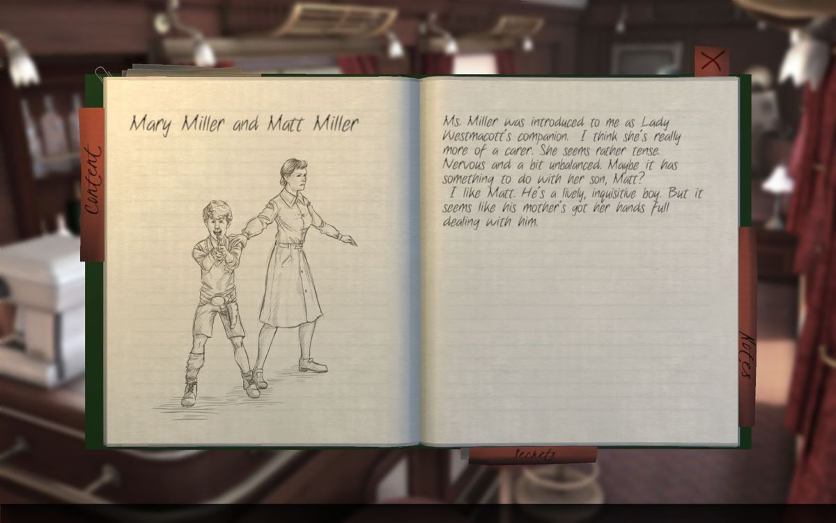 The Raven: Legacy of a Master Thief (Windows) screenshot: Move the cursor to the top right part of the screen to access the notebook where notes about the characters and the events are stored.