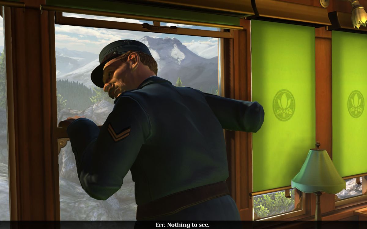The Raven: Legacy of a Master Thief (Windows) screenshot: Constable Zellner looking out of the window, just a few seconds before the wind will catch hit hat.