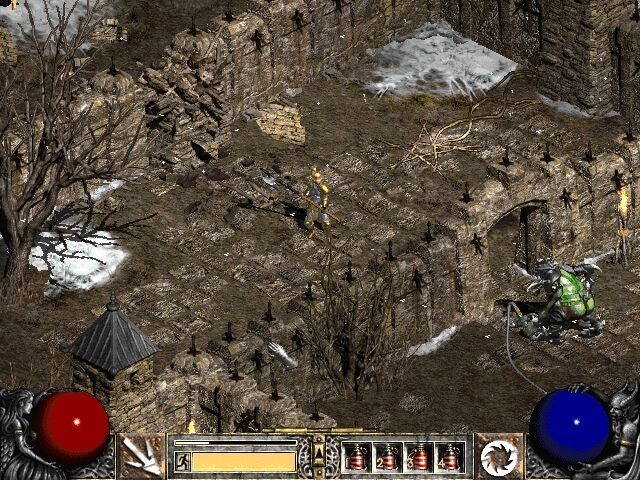 Diablo II: Lord of Destruction (Windows) screenshot: It's a bad move to bring a whip to fight a halberd