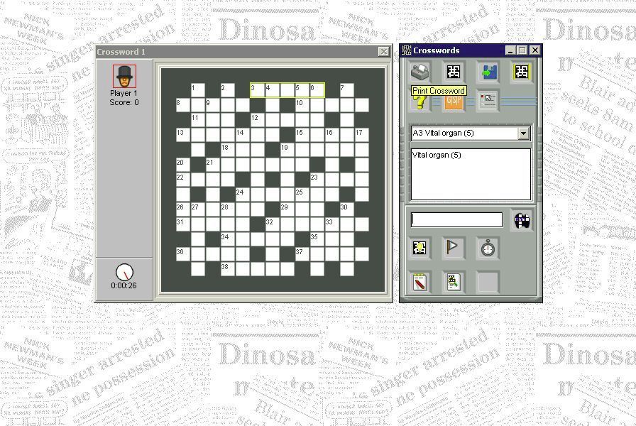 Crossword Addict (Windows) screenshot: The game area consists of two main windows. One shows the crossword and the other the current clue with icons to other game features