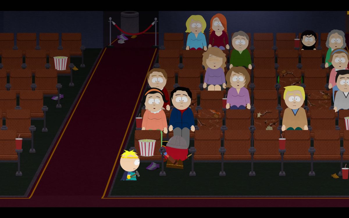 South Park: The Stick of Truth (Windows) screenshot: Annoying people in the movie theater