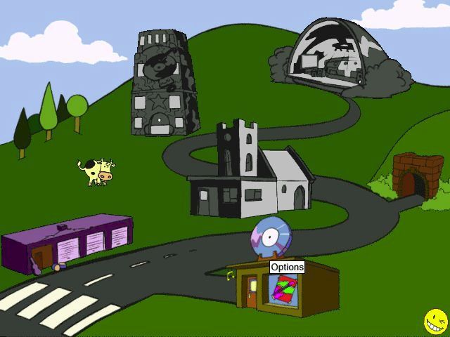 Create a Pop Sensation (Windows) screenshot: The game's menu consists of five locations on the road to success. The tunnel exits the game and the cow just moos.