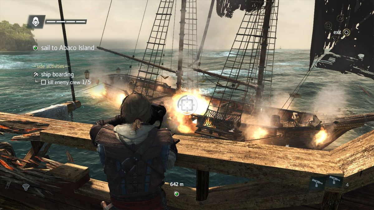 Assassin's Creed IV: Black Flag (PlayStation 4) screenshot: Clear out the enemy ship's crew before boarding their ship.