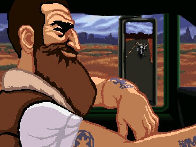 Full Throttle (Windows) screenshot: This truck driver has no idea what's in store for him.