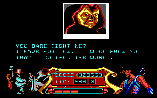 Strider (DOS) screenshot: The Grandmaster threatens you at the end of each stage