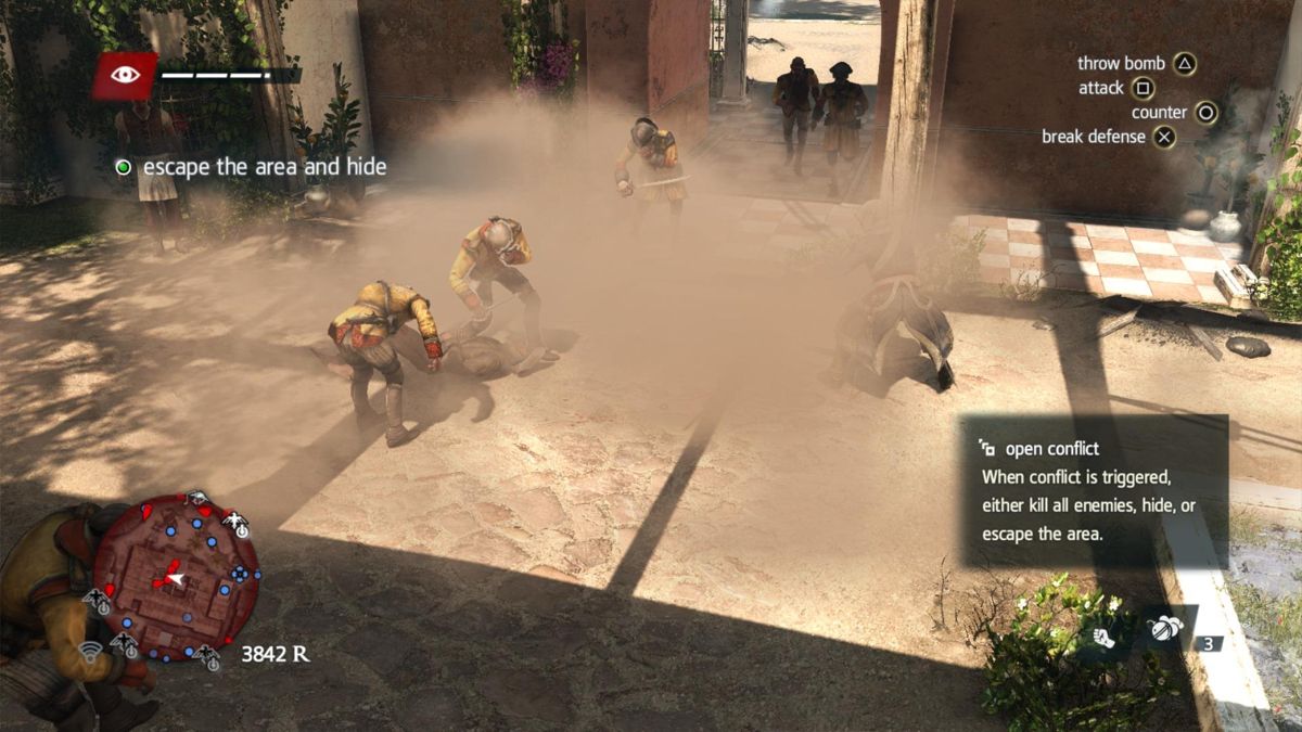Assassin's Creed IV: Black Flag (PlayStation 4) screenshot: Using the smoke bomb to create a confusion and escape.