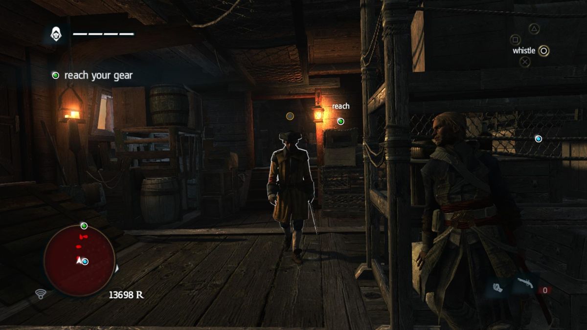 Assassin's Creed IV: Black Flag (PlayStation 4) screenshot: Hide behind the corners and whistle to attract the guards and silently take them out.