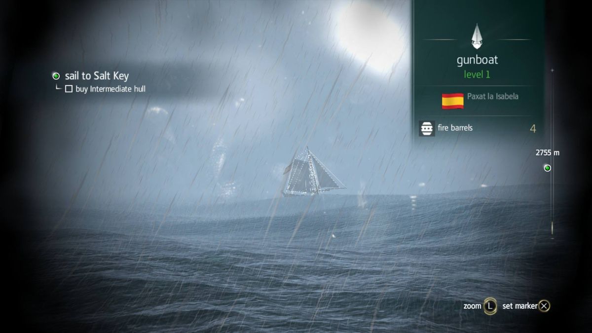Assassin's Creed IV: Black Flag (PlayStation 4) screenshot: Use spyglass to determine the ship type, its flag and the cargo on board before you engage in combat.