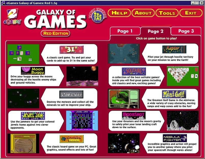 Galaxy of Games: Red Edition (Windows) screenshot: The games on Page 2. The menu can be used to install a game and later it can be used to run the game