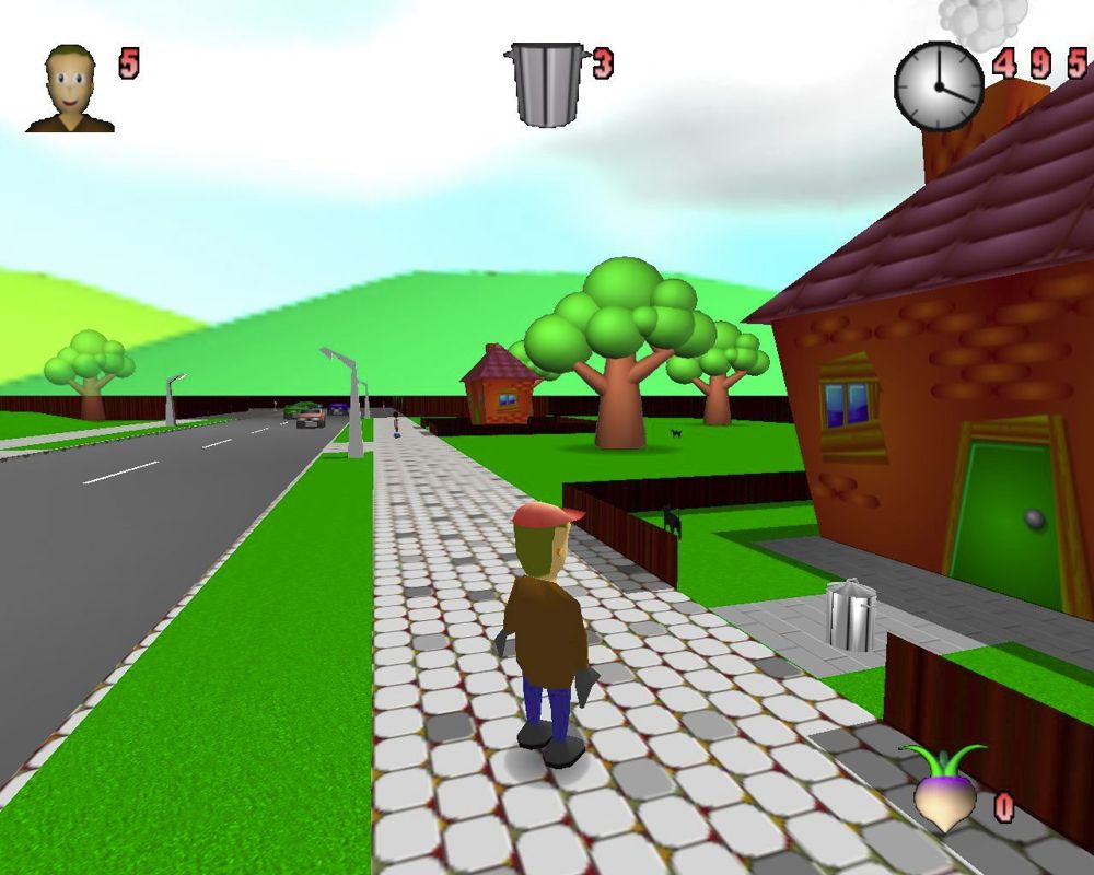 Binman (Windows) screenshot: The start of a game. There's Stan and in front of him is his first bin