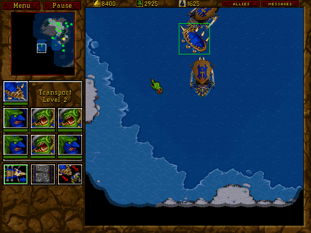 WarCraft II: Tides of Darkness (Demo Version) (DOS) screenshot: About to land on the opponent's island.
